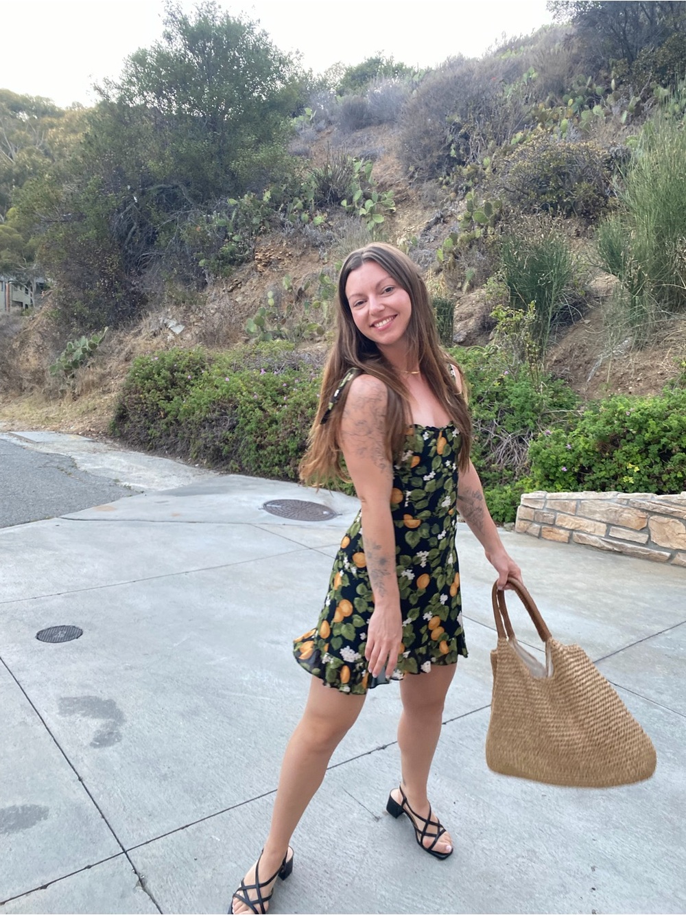 Reformation Black Lemon Print Tie-Strap Mini Dress